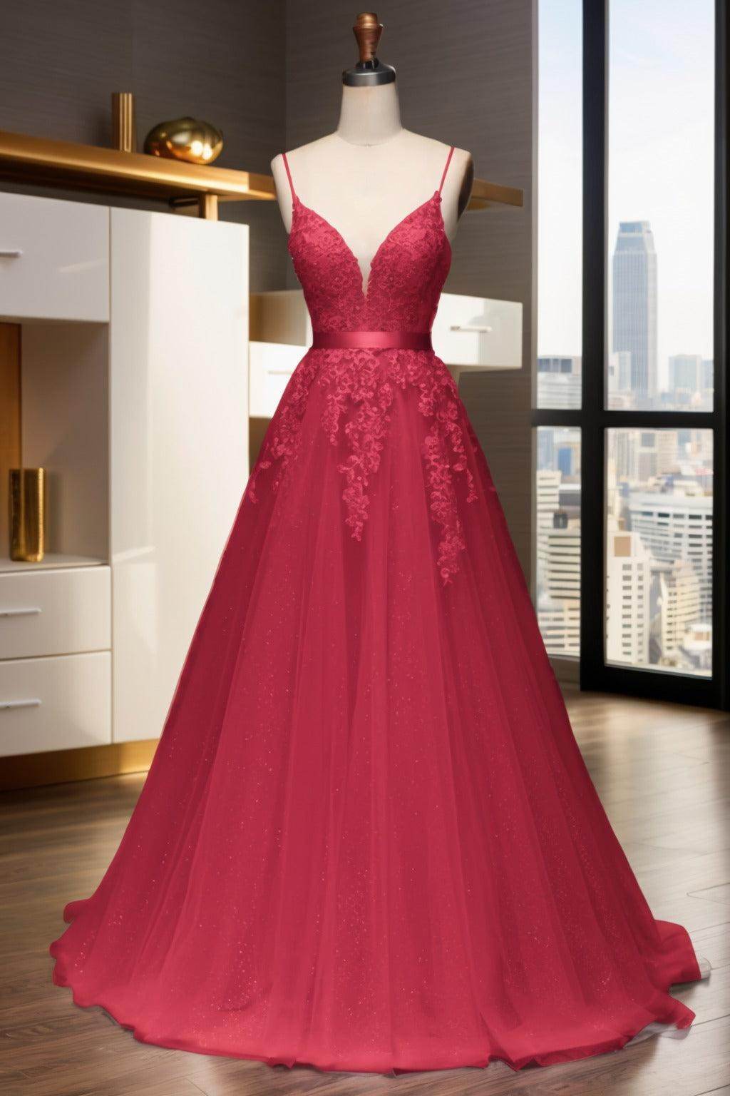 A-Line Sweep-Brush Train Tulle Prom Dress CS0464 - COCOMELODY